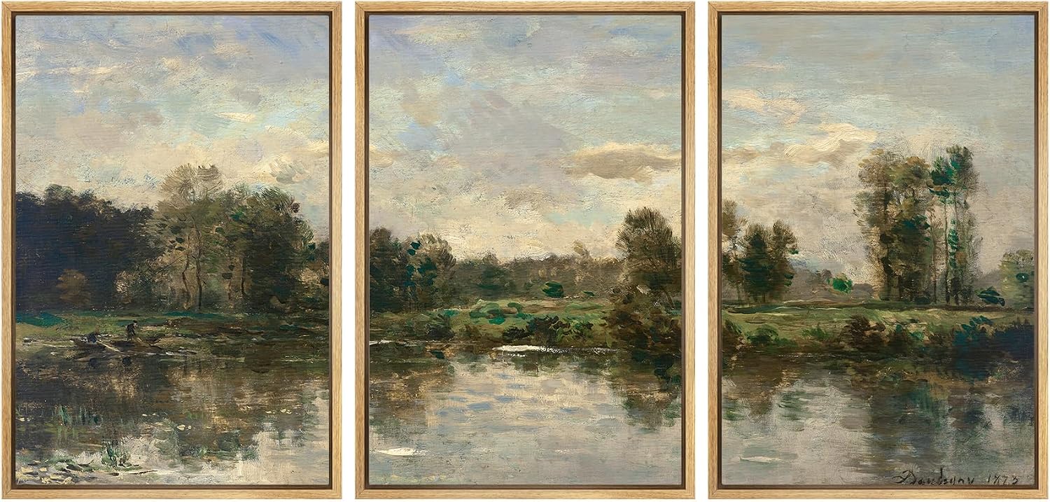 SIGNWIN Framed Canvas Print Wall Art Set Peaceful River Landscape Serene Waters and Lush Forest Illustrations Modern Scenic Colorful Ultra for Living Room, Bedroom, Office - 24'x36'x3 Natural