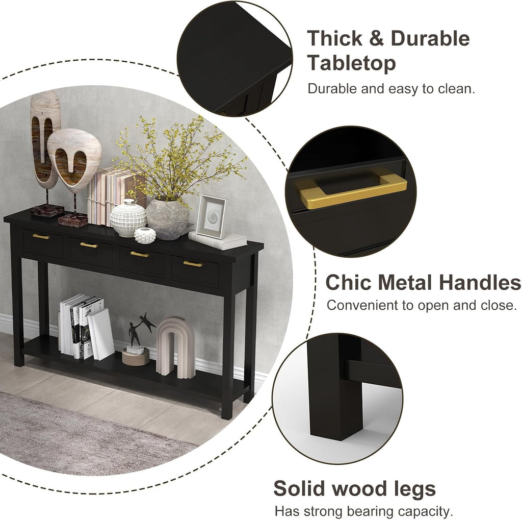 kinbor Black Entryway Table 60 Inch - Long Console Table with 4 Drawers, Narrow Sofa Table with Storage Shelf for Entryway Living Room