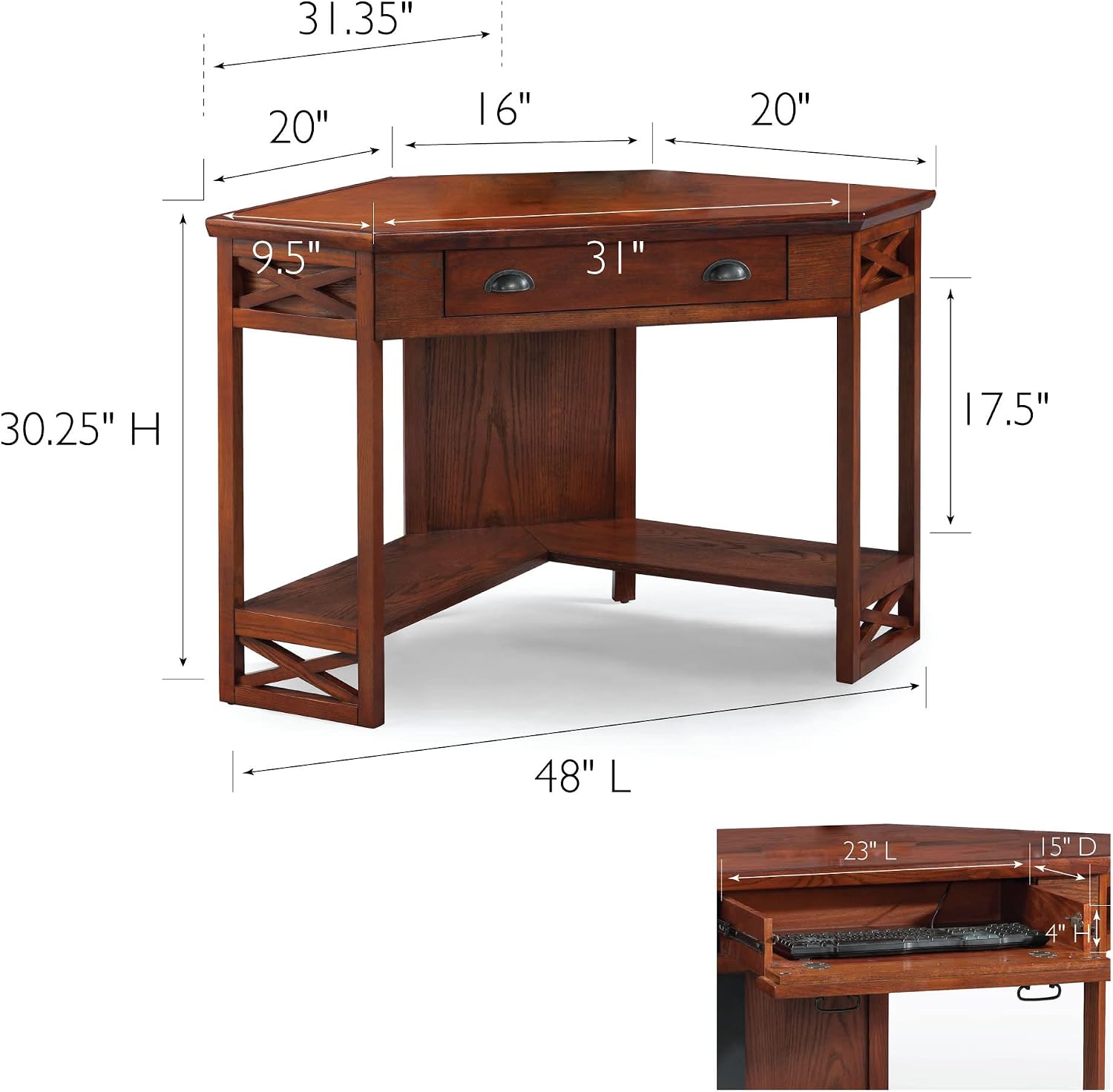 Leick Home 82431 Corner Computer Writing Desk with Drop Front Keyboard Drawer, Oak