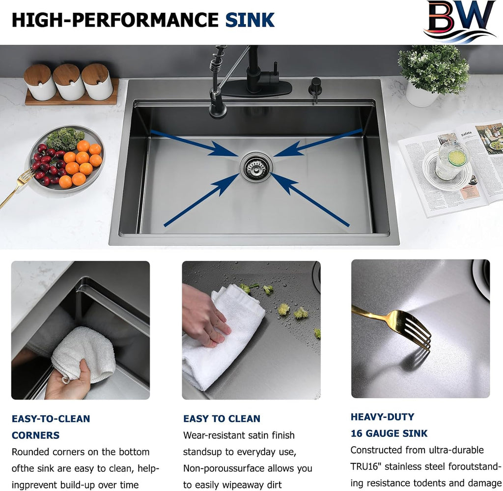 33 x 22 Drop In Kitchen Sink Black Workstation - 16 Gauge Stainless Steel Sinks Handmade 10 Inch Deep Single Bowl Kitchen Sink Top Mount Easy to Clean