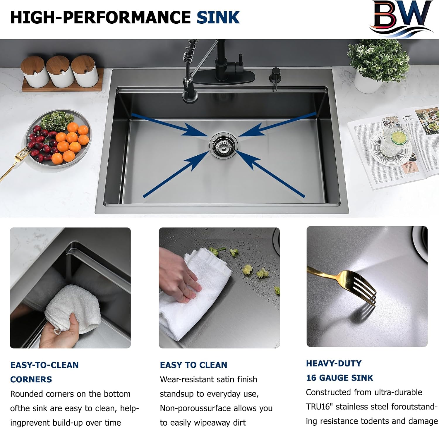 33 x 22 Drop In Kitchen Sink Black Workstation - 16 Gauge Stainless Steel Sinks Handmade 10 Inch Deep Single Bowl Kitchen Sink Top Mount Easy to Clean