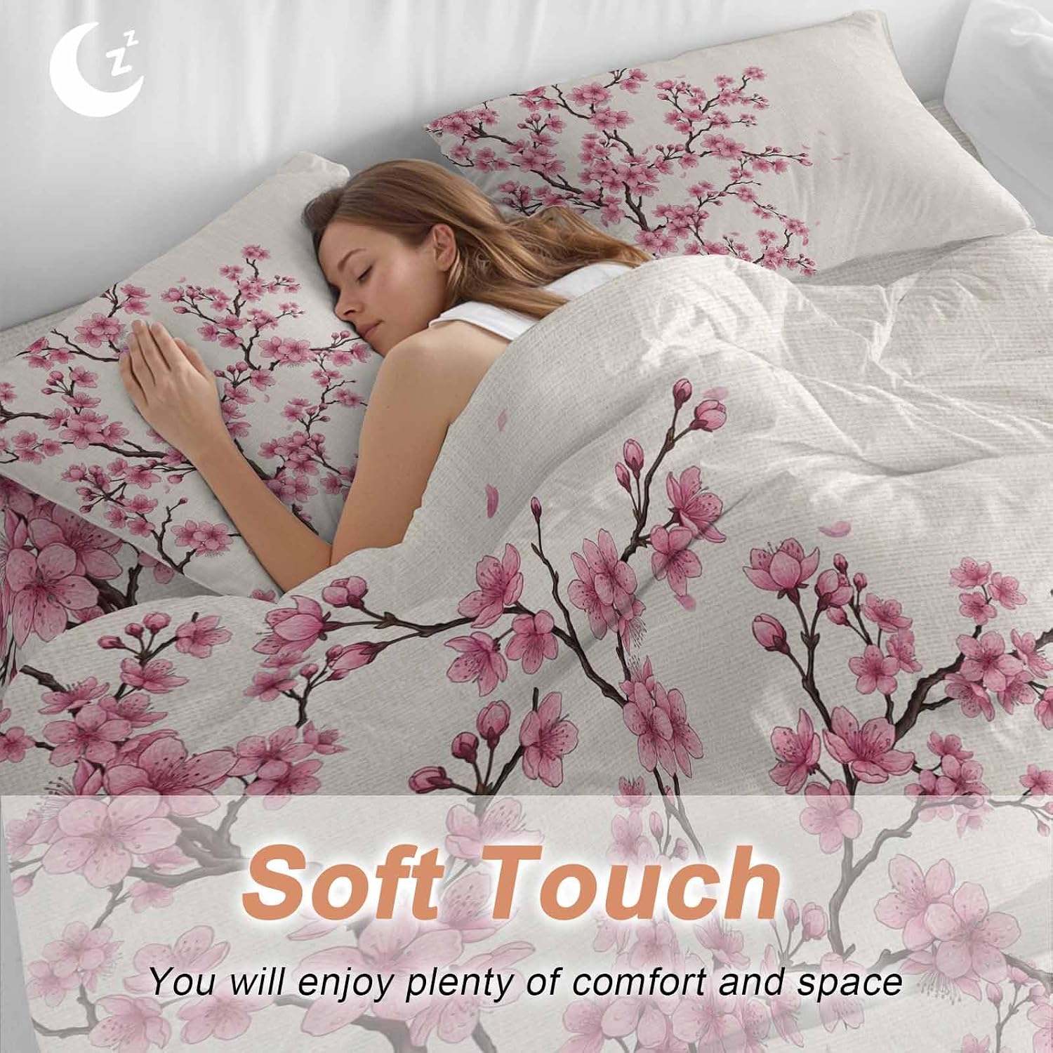 Pink Cherry Flowers Duvet Cover Set Queen Size 4 Pieces Watercolor Floral Tree Branches Linen Texture Bedding Set with Zipper Closure, 1 Comforter Cover 92x106 Inches 1 Flat Sheet & 2 Pillow Cases
