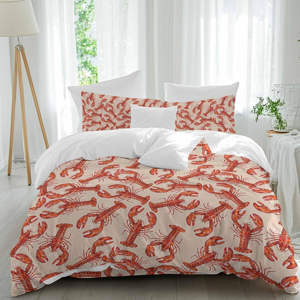 Red Lobster Duvet Cover Set Queen Size 4 Pieces Summer Crawfish Ocean Animal Minimalist Art Retro Bedding Set with Zipper Closure, 1 Comforter Cover 92x106 Inches 1 Flat Sheet & 2 Pillow Cases