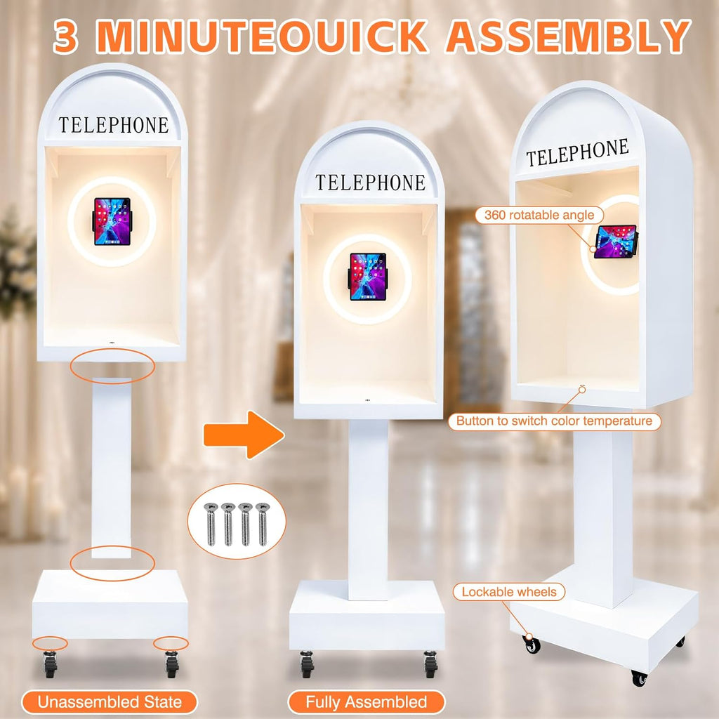 Wedding Telephone Booth Audio Guest Book Photo Booth Stand with 3 Color Ring Light 360° Rotatable Tablet Holder Built-in Type-C Charging Port Lockable Rolling Wheels for Wedding Party Events