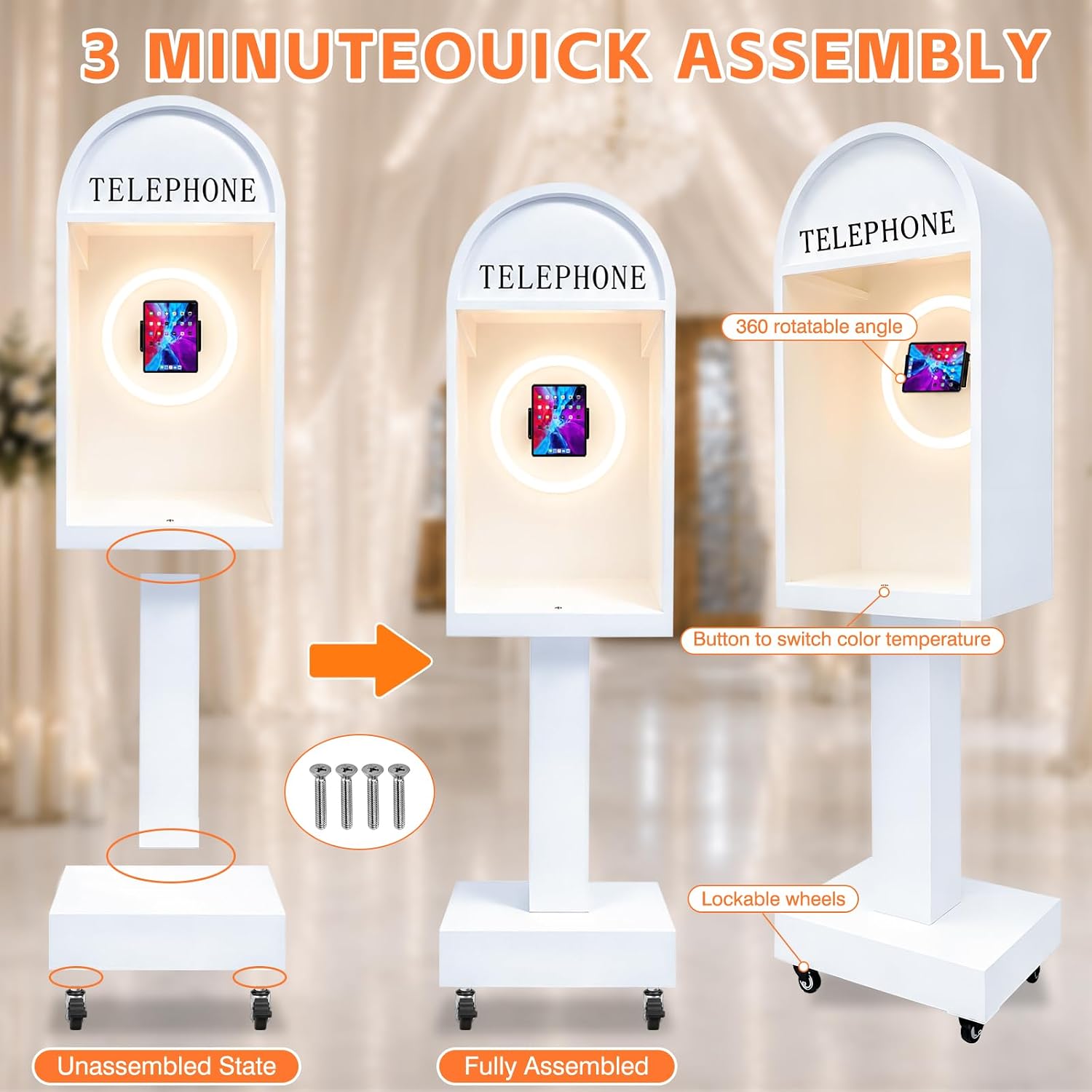 Wedding Telephone Booth Audio Guest Book Photo Booth Stand with 3 Color Ring Light 360° Rotatable Tablet Holder Built-in Type-C Charging Port Lockable Rolling Wheels for Wedding Party Events