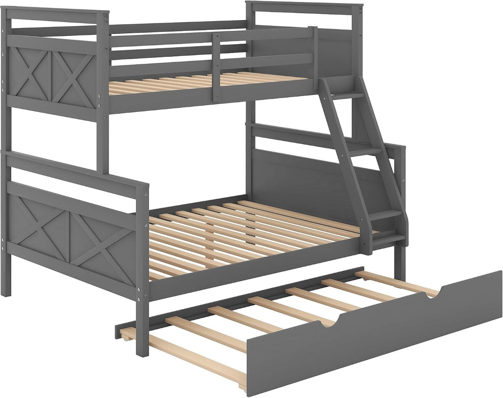 Twin Over Full Bunk Bed with Inclined Ladder and Twin Size Trundle,Bedroom Wood Bed Frame W/Safety Full-Length Guardrail & No Box Spring Required,for Girl Boy Kid,Gray