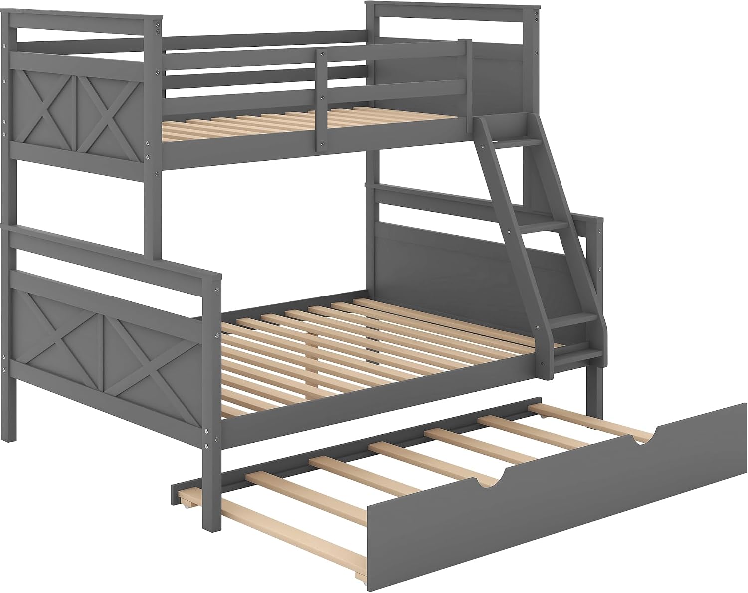 Twin Over Full Bunk Bed with Inclined Ladder and Twin Size Trundle,Bedroom Wood Bed Frame W/Safety Full-Length Guardrail & No Box Spring Required,for Girl Boy Kid,Gray