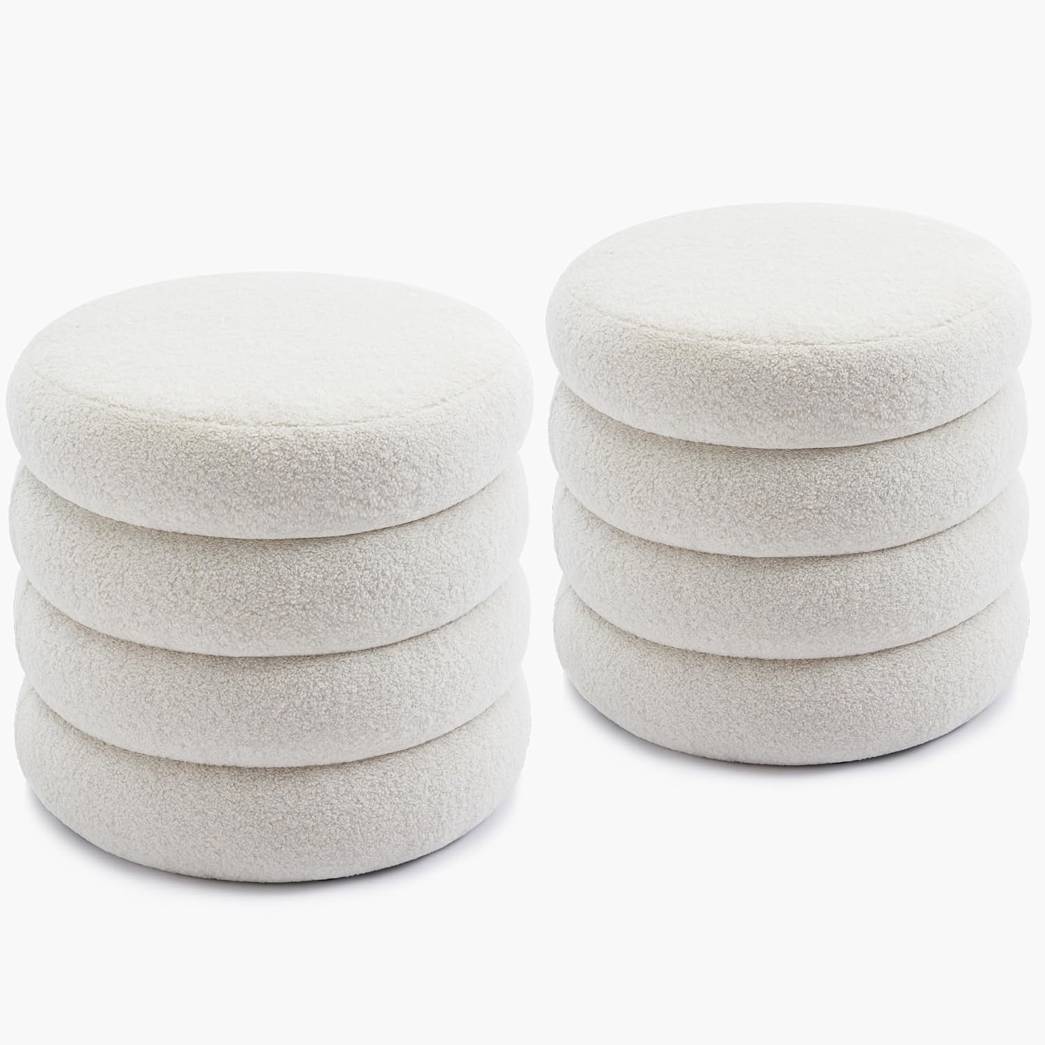 19.5 Inch Round Storage Ottoman, Modern Sherpa Ottoman Coffee Table with Removable Top, White Vanity Stool with Storage for Bedroom, Living Room, Dorm, Set of 2