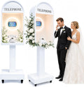 Wedding Telephone Booth Audio Guest Book Photo Booth Stand with 3 Color Ring Light 360° Rotatable Tablet Holder Built-in Type-C Charging Port Lockable Rolling Wheels for Wedding Party Events