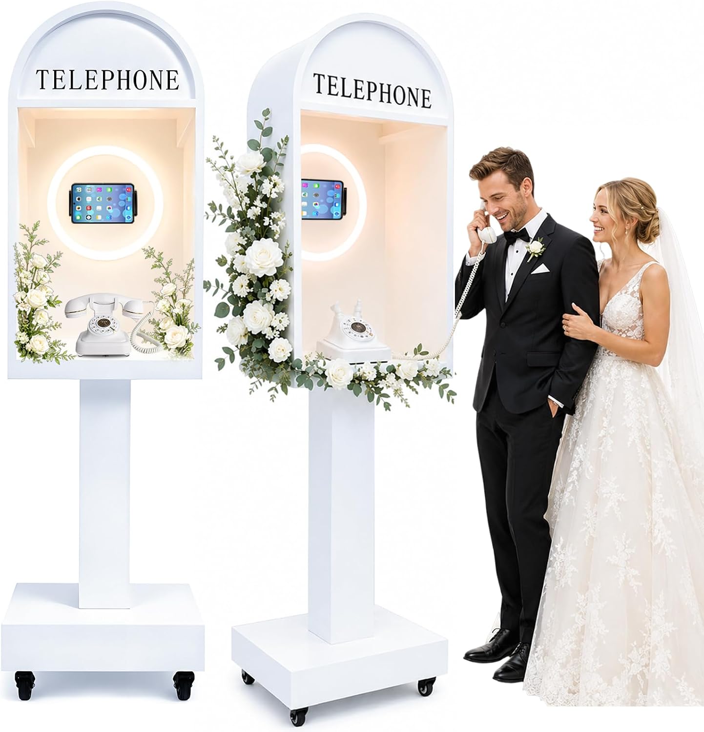 Wedding Telephone Booth Audio Guest Book Photo Booth Stand with 3 Color Ring Light 360° Rotatable Tablet Holder Built-in Type-C Charging Port Lockable Rolling Wheels for Wedding Party Events