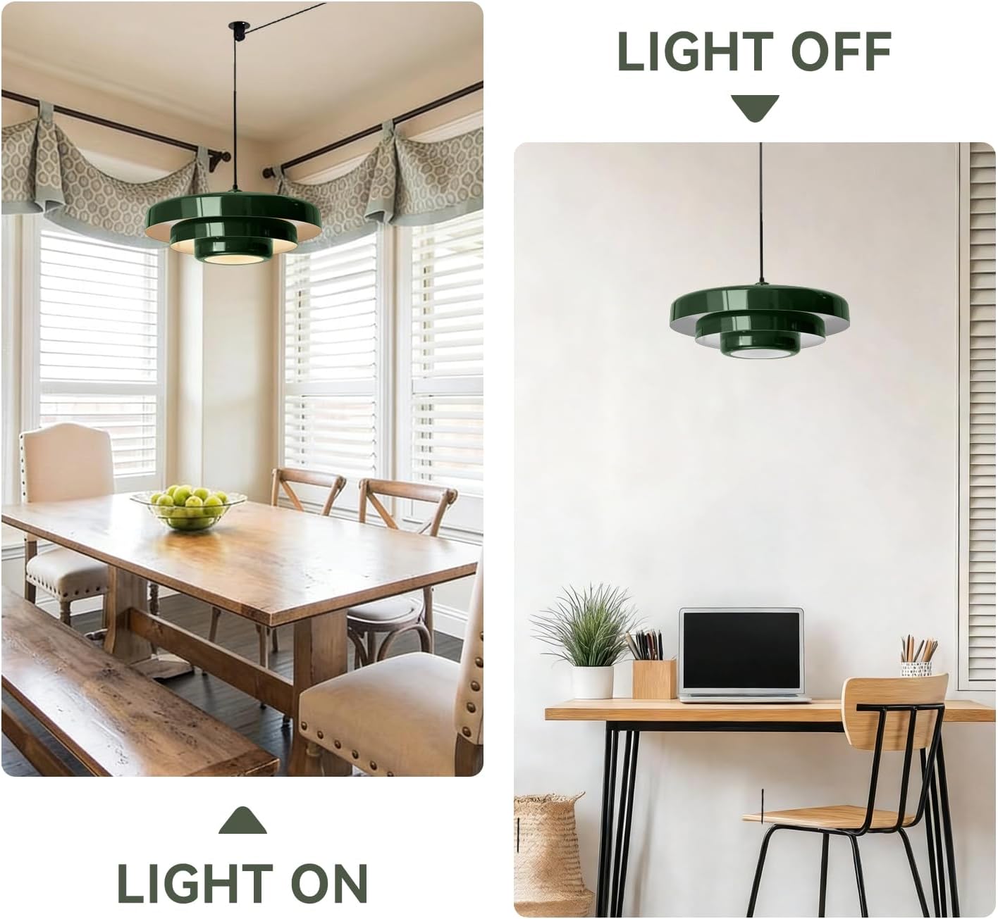 Plug-in Green Pendant Light, Mid Century Hanging Lamp Fixtures with Pulley and Plug in Cord 3-Layer Shade Nordic Style Pendant Lighting Metal Shade for Living Room Dining Room Bedroom Kitchen Island