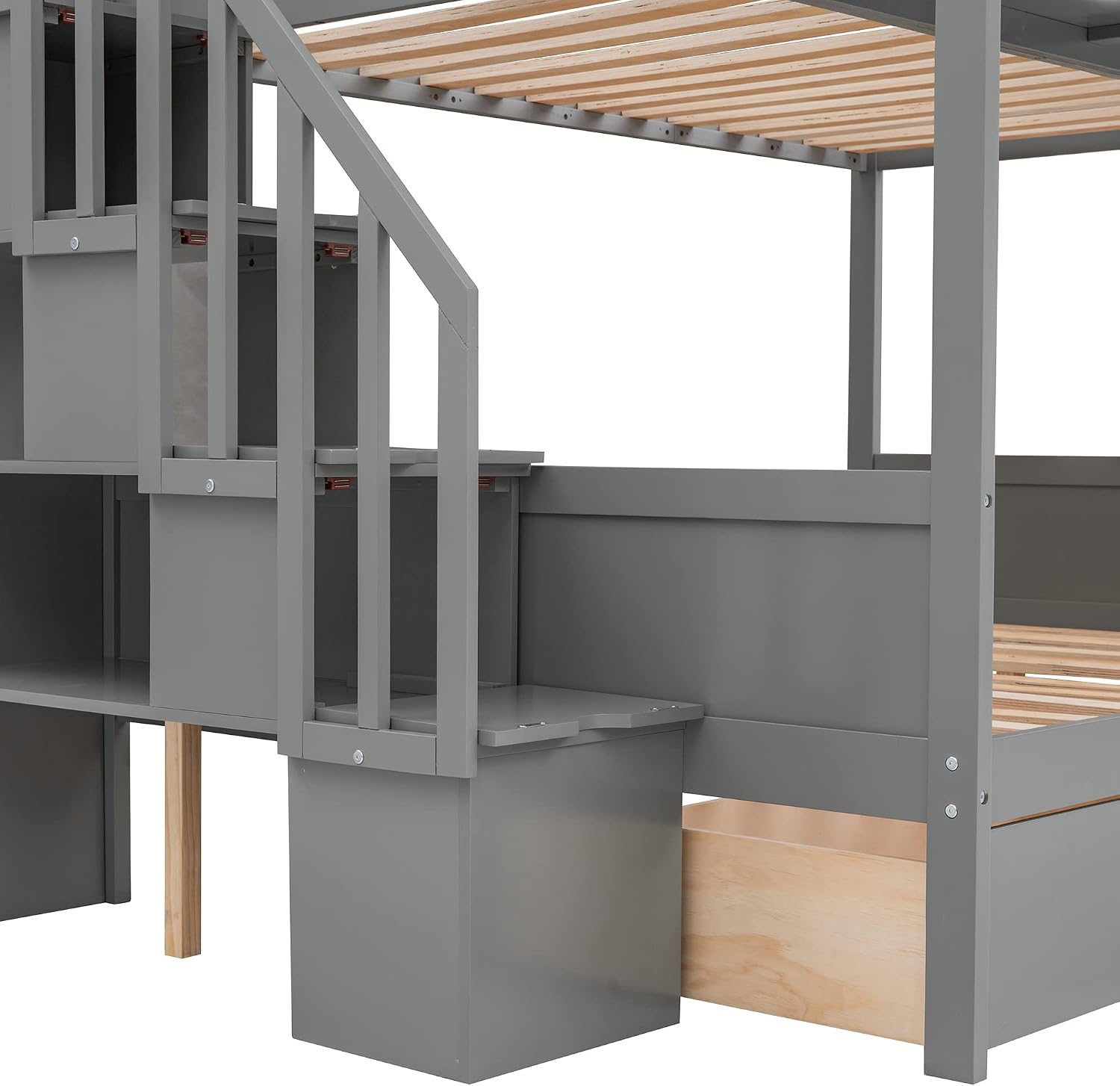 Twin Over Full Bunk Bed with Shelfs,Storage Staircase and 2 Drawers,Bedroom Solid Wood Bed Frame w/Full-Length Guardrail,Slat Support,for Kid Boy Girl Teen,Gray
