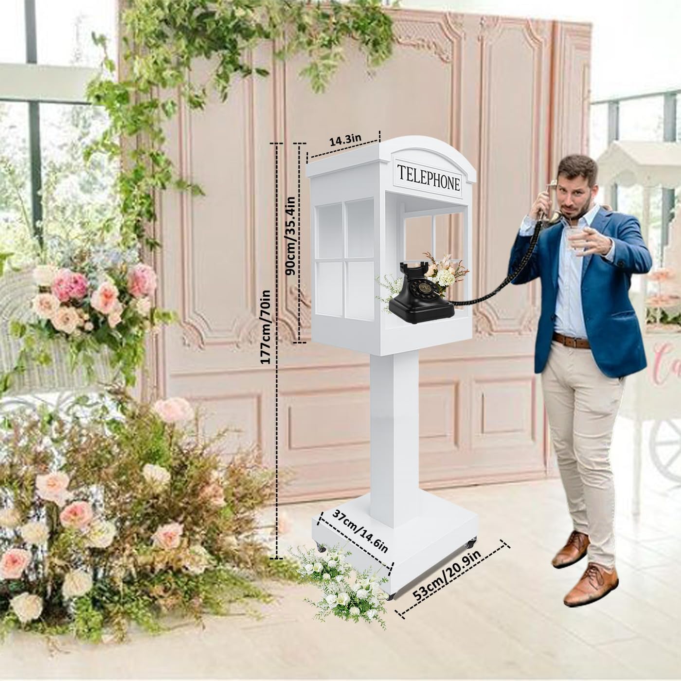 Audio Guest Book Phone Booth Stand with Wheels, Romantic Metal Audio Guestbook Telephone Booth for Wedding Birthdays Party Graduation Baby Shower Retirement Special Occasions Decoration