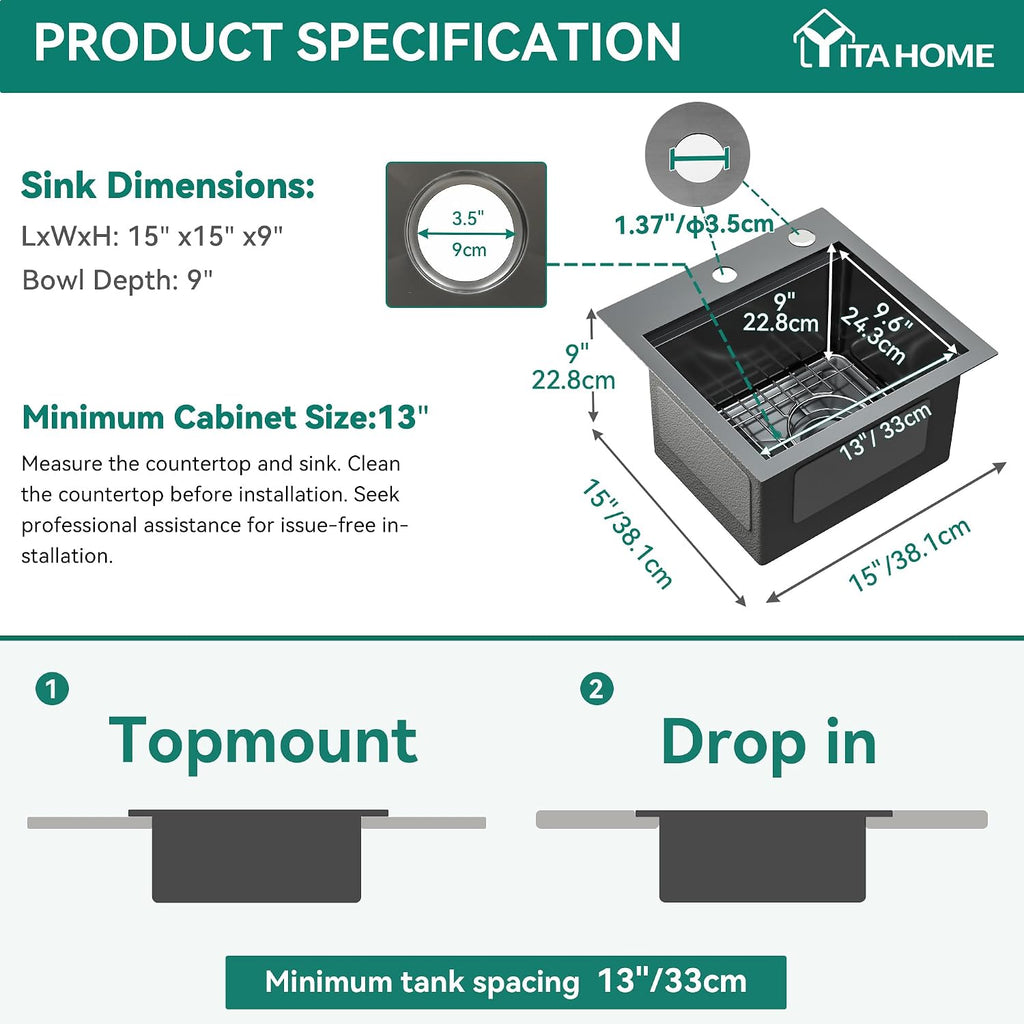 YITAHOME Black Drop In Kitche Sink Workstation, 15' Top Mount Stainless Steel Nano Gunmetal Black Small RV Sink with Cutting Board & Accessories for Workstation, Bar, 15 x 15 x 9 in