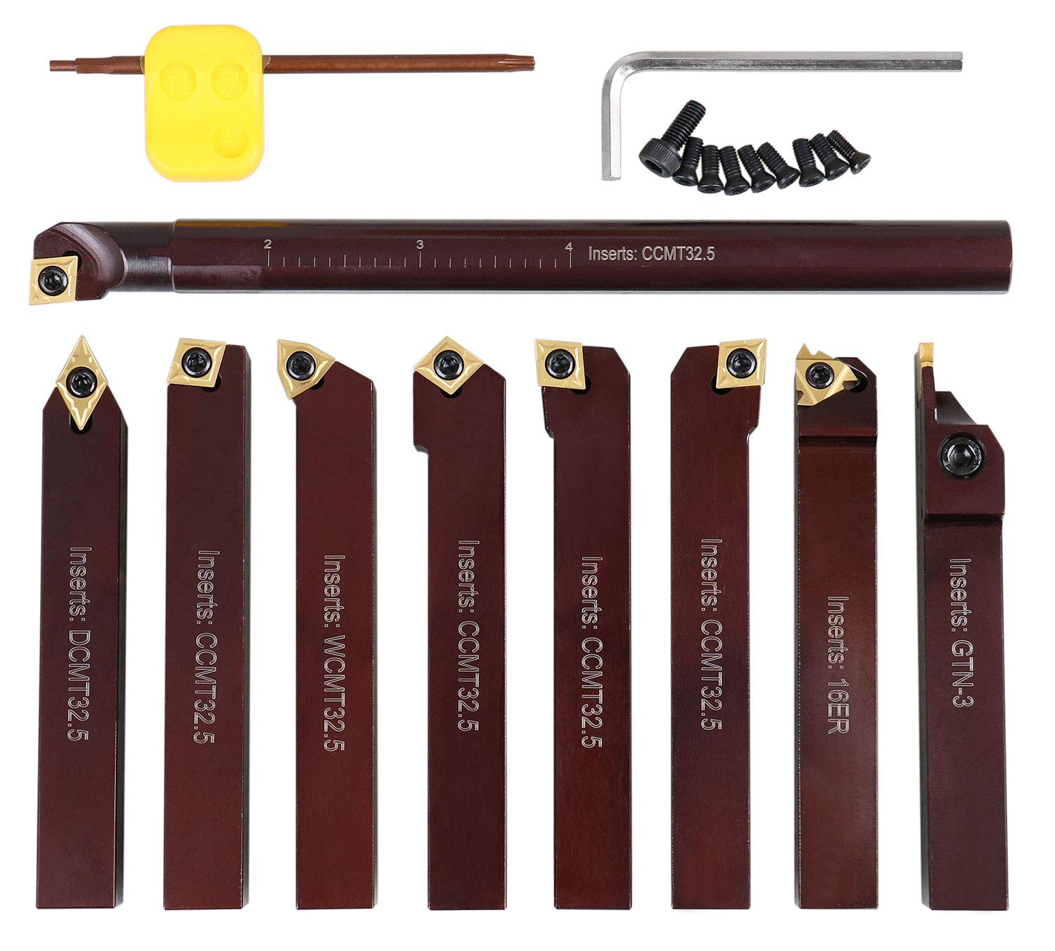 Accusize Industrial Tools 5/8' Shank 9-Piece Indexable Turning & Boring Tool Set, TiN-Coated C6 Inserts for Steel, 2988-0058
