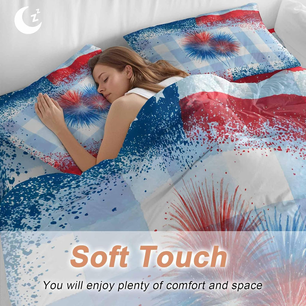 Independence Day Firework Duvet Cover Set Queen Size 4 Pieces 4th of July American Flag Blue Plaid Bedding Set with Zipper Closure, 1 Comforter Cover 92x106 Inches 1 Flat Sheet & 2 Pillow Cases