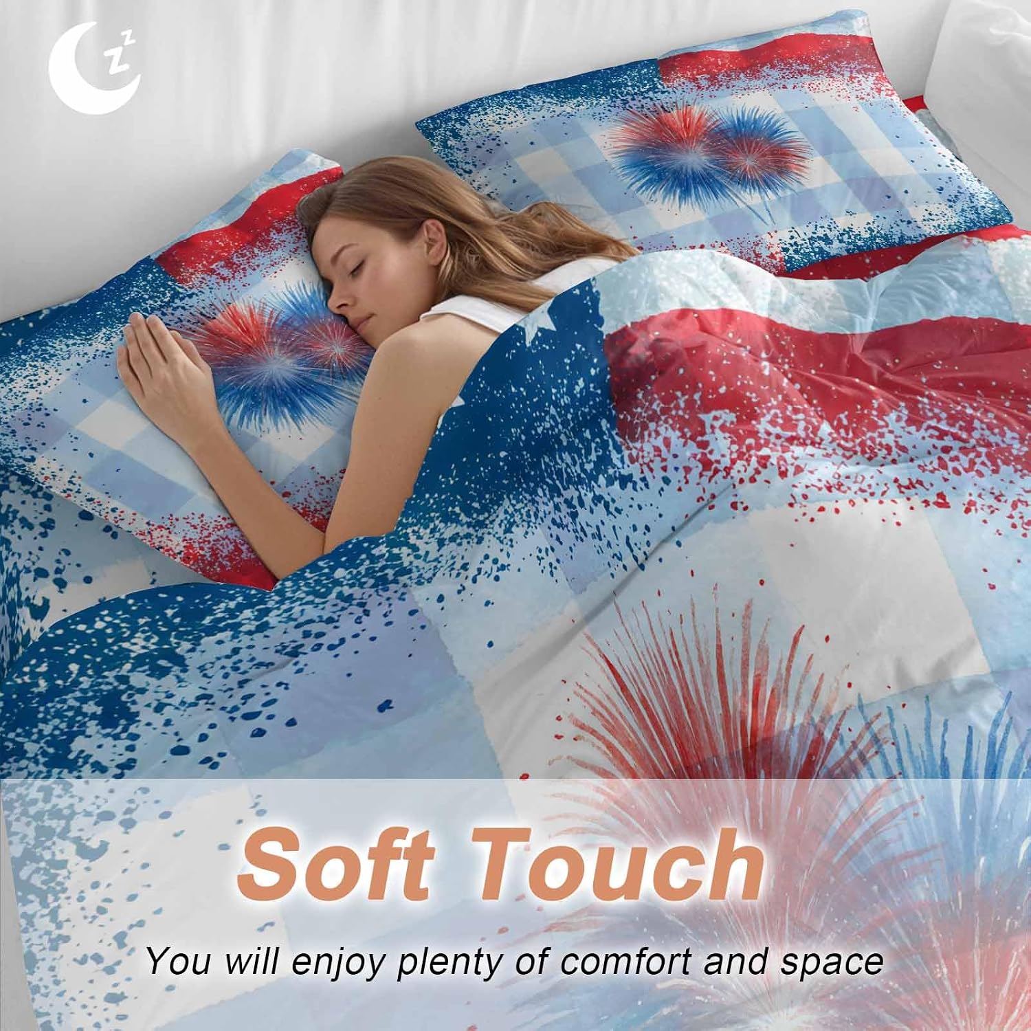 Independence Day Firework Duvet Cover Set Queen Size 4 Pieces 4th of July American Flag Blue Plaid Bedding Set with Zipper Closure, 1 Comforter Cover 92x106 Inches 1 Flat Sheet & 2 Pillow Cases