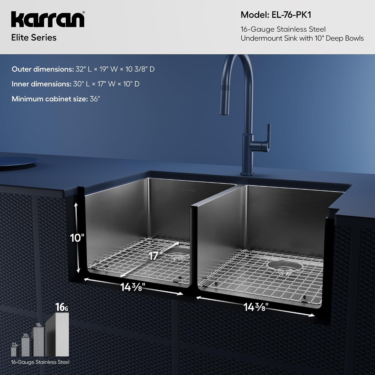 Karran Elite 32-Inch Undermount 16 Gauge Stainless Steel Double Bowl Kitchen Sink with Accessories, 50/50 Equal Bowls, Satin Finish, Sound Dampening