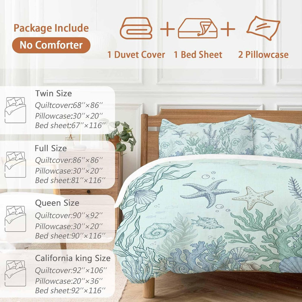 Marine Life Duvet Cover Set Queen Size 4 Pieces Starfish Coral Blue Shell Ocean Summer Green Bedding Set with Zipper Closure, 1 Comforter Cover 92x106 Inches 1 Flat Sheet & 2 Pillow Cases