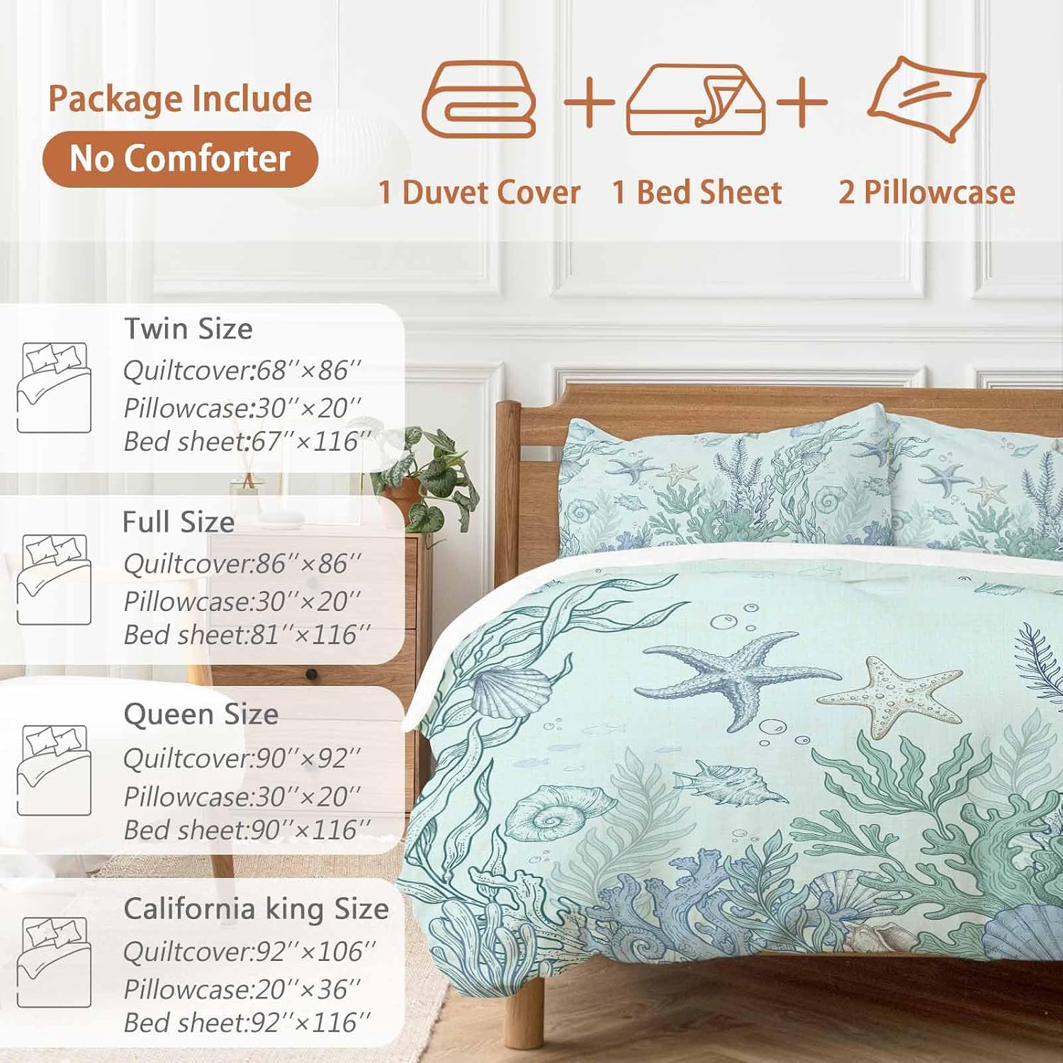 Marine Life Duvet Cover Set Queen Size 4 Pieces Starfish Coral Blue Shell Ocean Summer Green Bedding Set with Zipper Closure, 1 Comforter Cover 92x106 Inches 1 Flat Sheet & 2 Pillow Cases