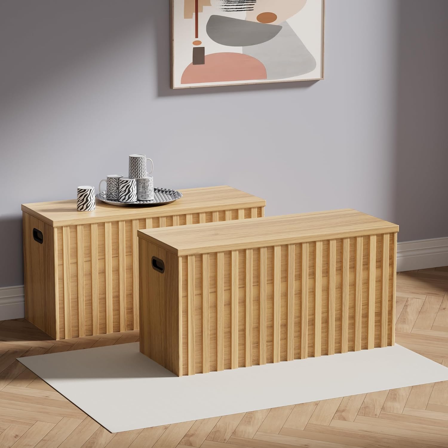 UEV Storage Bench Set of 2, 39.4' Wood Box, Storage Trunk with 2 Safety Hinges, Ottoman Storage Chest Set of 2, Fluted Storage Bench for Bedroom, Shoe Bench for Bedroom, Living Room (Natural Wood)