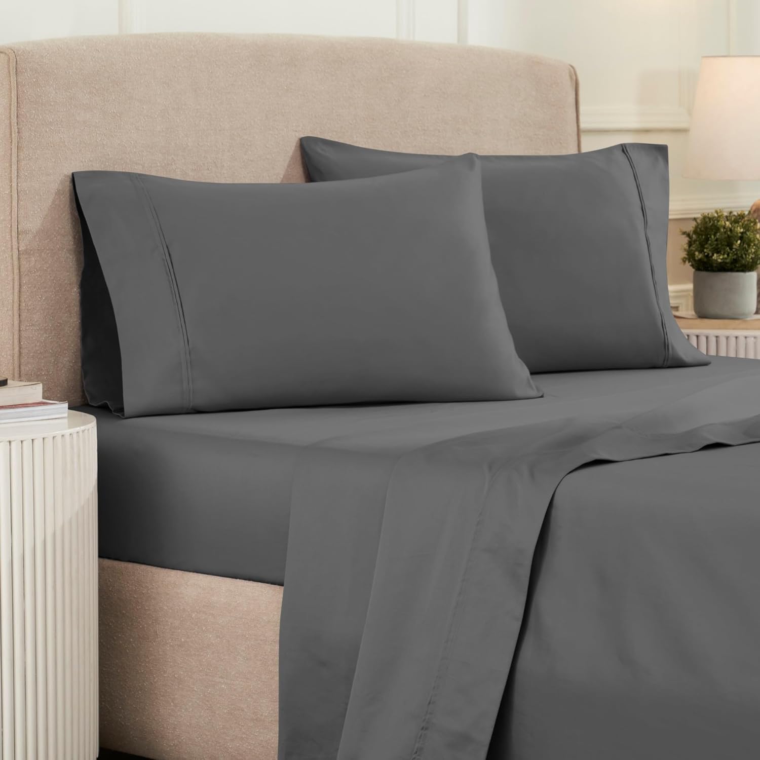 Superior 1200 Thread Count Egyptian Cotton Sheet Set, Bedroom Sheets, Modern Home Essentials, Luxury Bedding, 1 Elastic Deep Pocket Fitted Bed Sheet, 1 Flat Sheet, 2 Pillowcases, Queen, Charcoal
