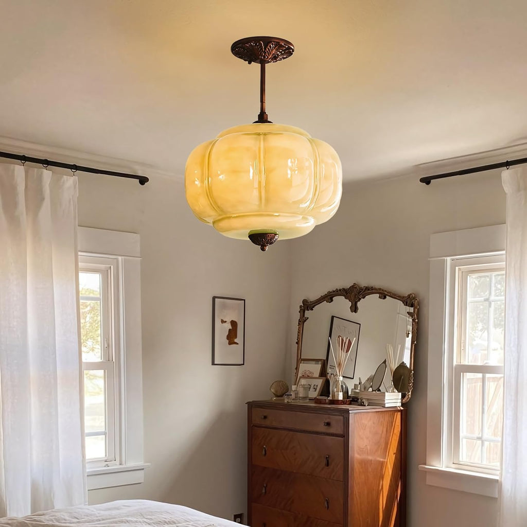 Milk Glass Ceiling Light Fixture - Antique Brass Semi Flush Mount Pendant Light for Kitchen, Hallway, and Bedroom (Green 15 inch)