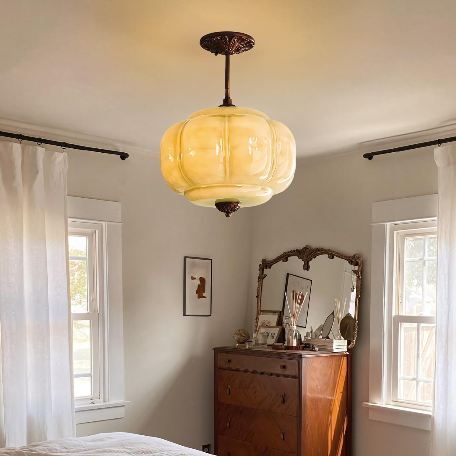 Milk Glass Ceiling Light Fixture - Antique Brass Semi Flush Mount Pendant Light for Kitchen, Hallway, and Bedroom (Green 15 inch)