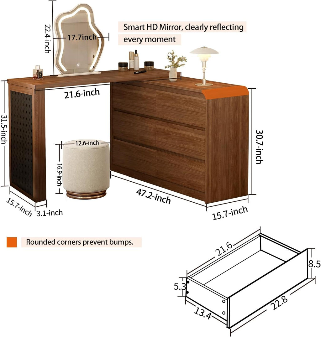 Makeup Vanity Desk with Cloud Shape Touch Screen Mirror, 50-94 in Adjustable Vanity Table Set with Chair, Bedroom Elegant Dressing Table for Women with 6-Drawer Rounded Corners Storage Cabinet, Brown