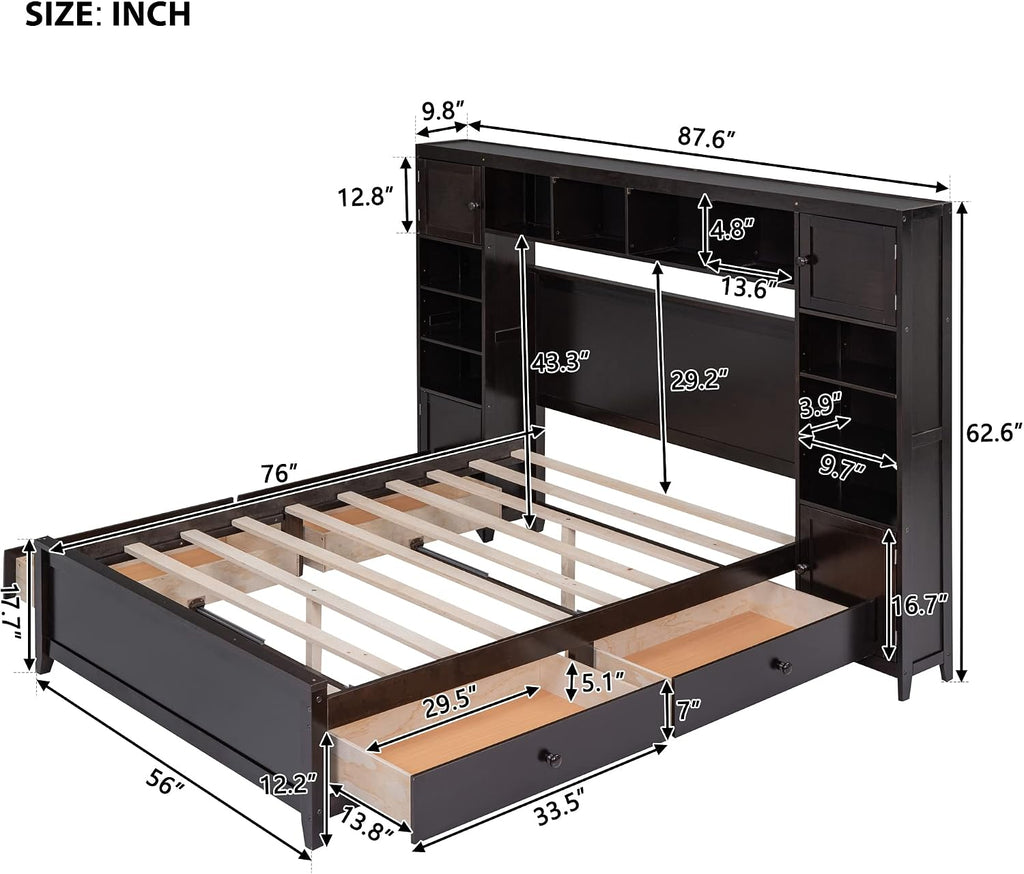 Merax Full Size Wooden Bed with All-in-One Cabinet and Shelf, White Modern Platform Bed Frame with 4 Storage Drawers for Bedroom and Apartment