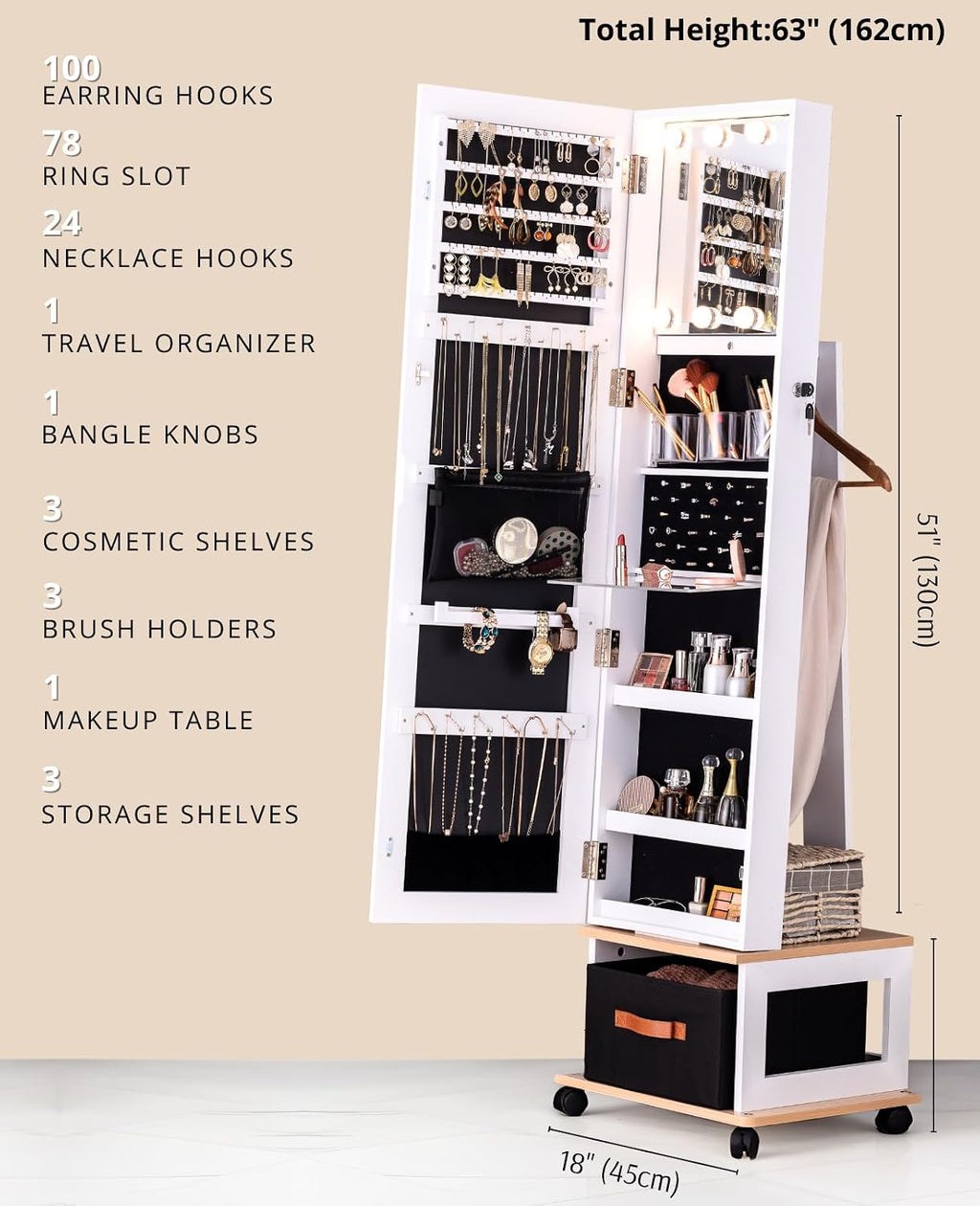 BTEXPERT 360 Swivel Jewelry Cabinet Armoire, Standing with Lights, Lockable Jewelry Organizer, 63' Rotating Full Length Frameless Mirror with Storage, 4 Wheels, White Lock Key