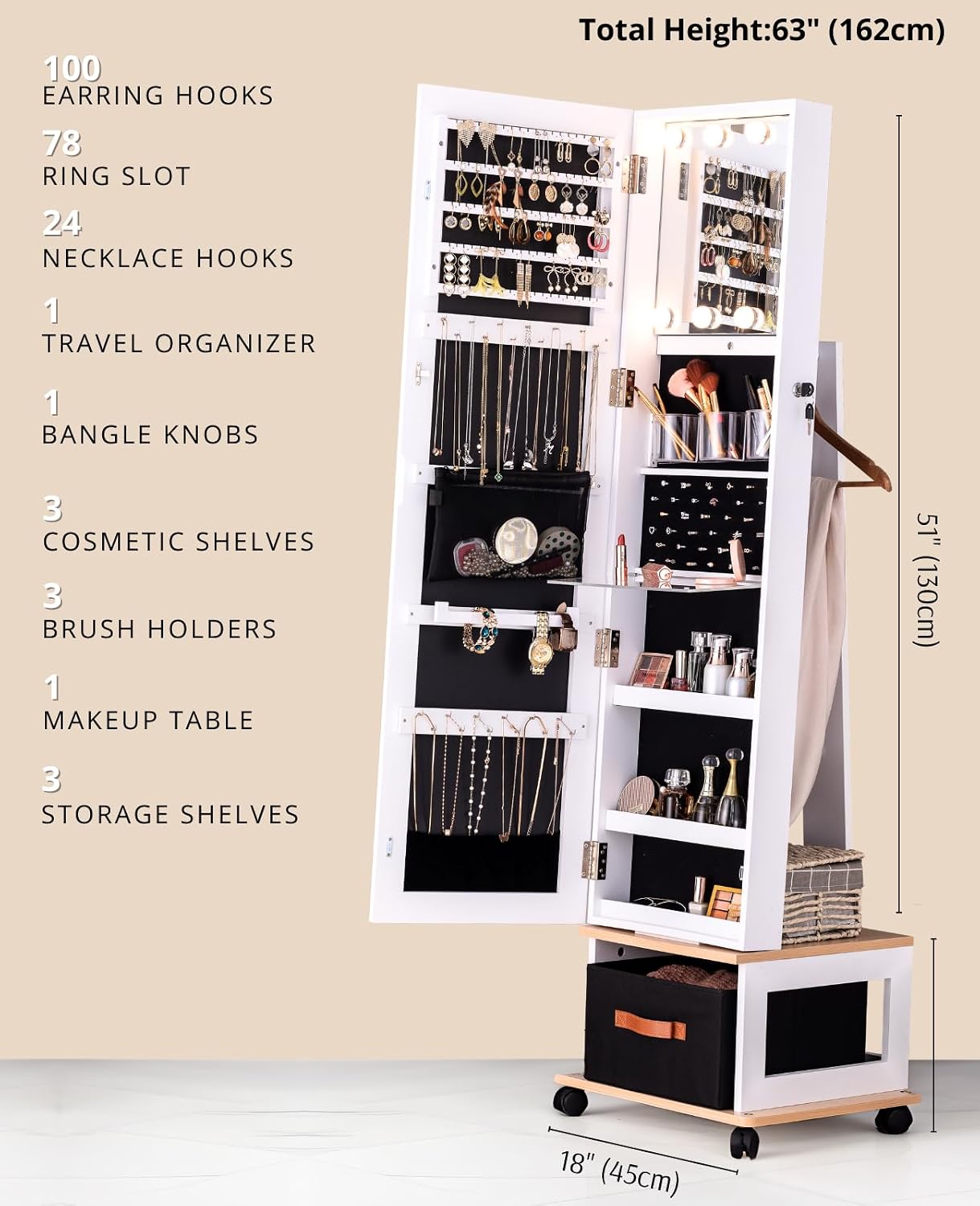 BTEXPERT 360 Swivel Jewelry Cabinet Armoire, Standing with Lights, Lockable Jewelry Organizer, 63' Rotating Full Length Frameless Mirror with Storage, 4 Wheels, White Lock Key