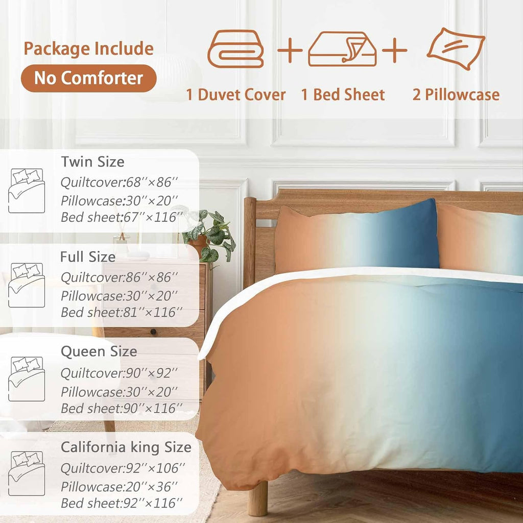 Gradient Orange Blue Duvet Cover Set Queen Size 4 Pieces Modern Abstract Minimalist Blue Ocean Beach Bedding Set with Zipper Closure, 1 Comforter Cover 86x86 Inches 1 Flat Sheet & 2 Pillow Cases