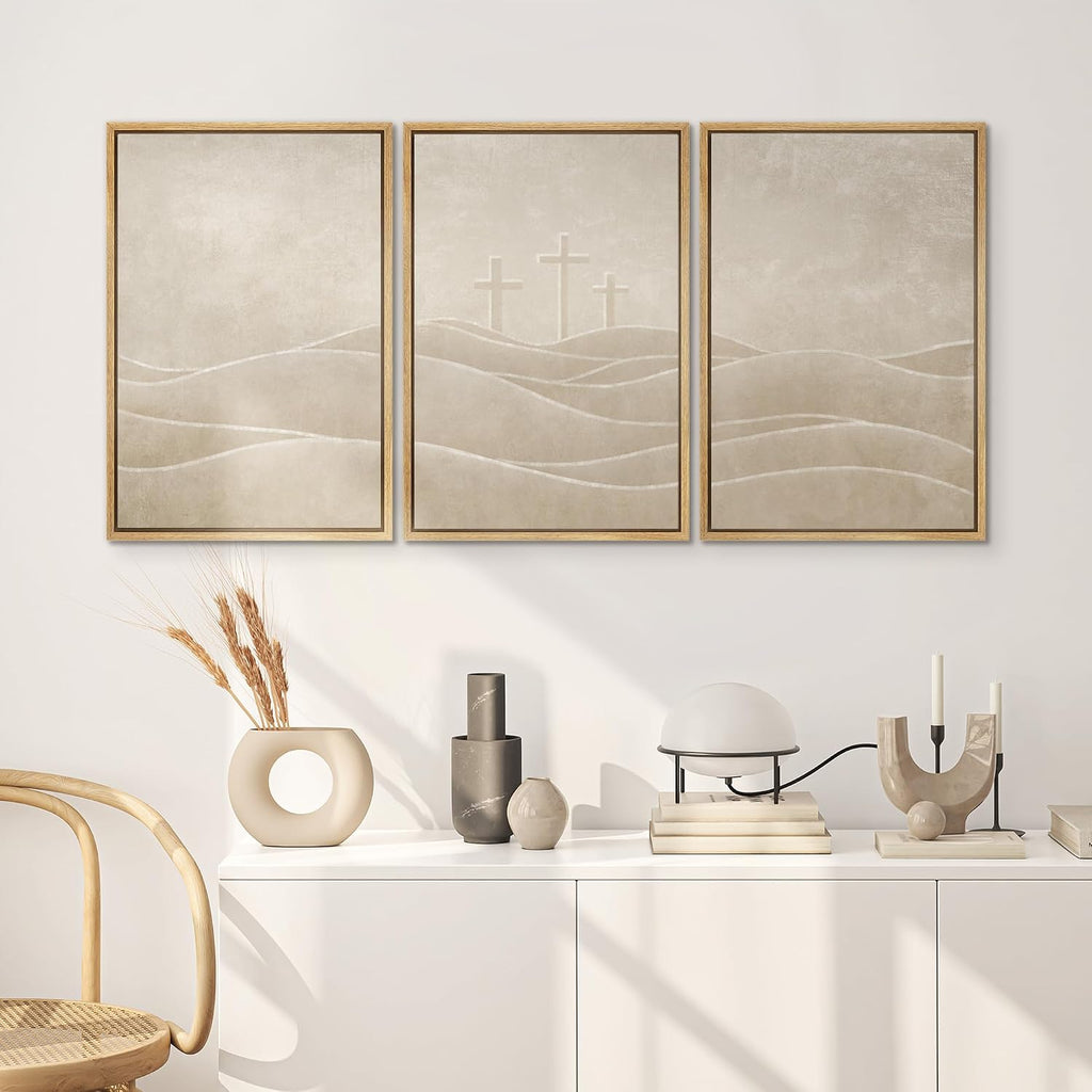 SIGNWIN Framed Canvas Print Wall Art Set Christian Cross Hill Minimalist Beige Religious Illustrations Modern Art Contemporary Minimal Ultra for Living Room, Bedroom, Office - 16'x24'x3 Natural