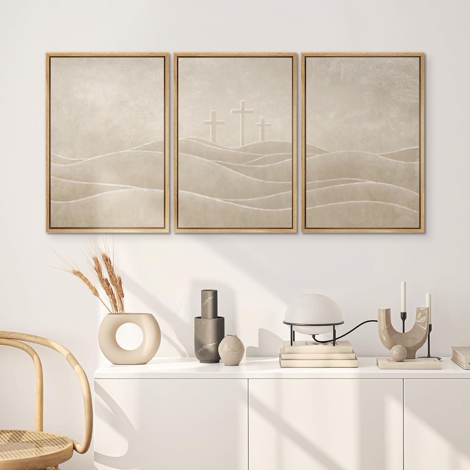 SIGNWIN Framed Canvas Print Wall Art Set Christian Cross Hill Minimalist Beige Religious Illustrations Modern Art Contemporary Minimal Ultra for Living Room, Bedroom, Office - 16'x24'x3 Natural