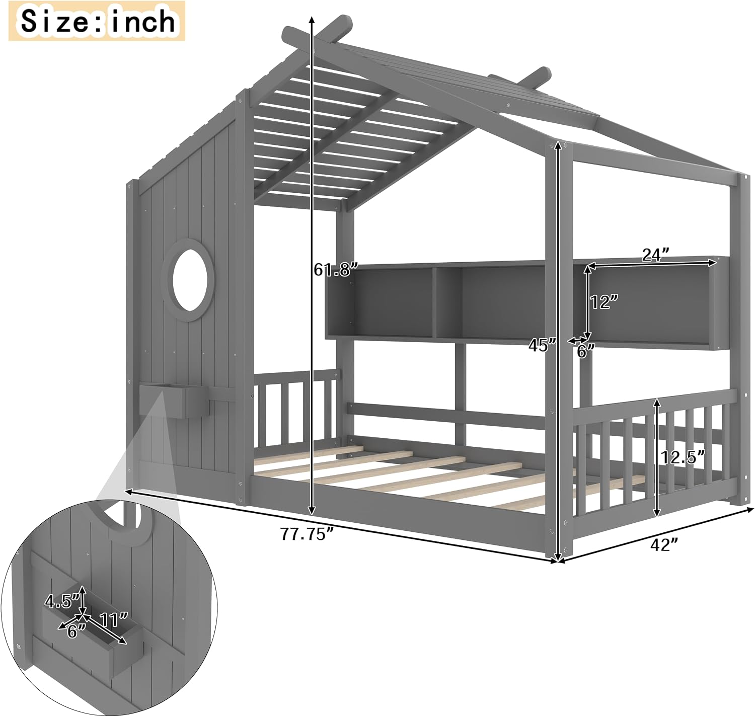 Merax Wood Floor House Bed with Storage Shelves, Twin Size Low Day Bed with Headboard & Wood Slat Support, No Box Spring Needed, Gray