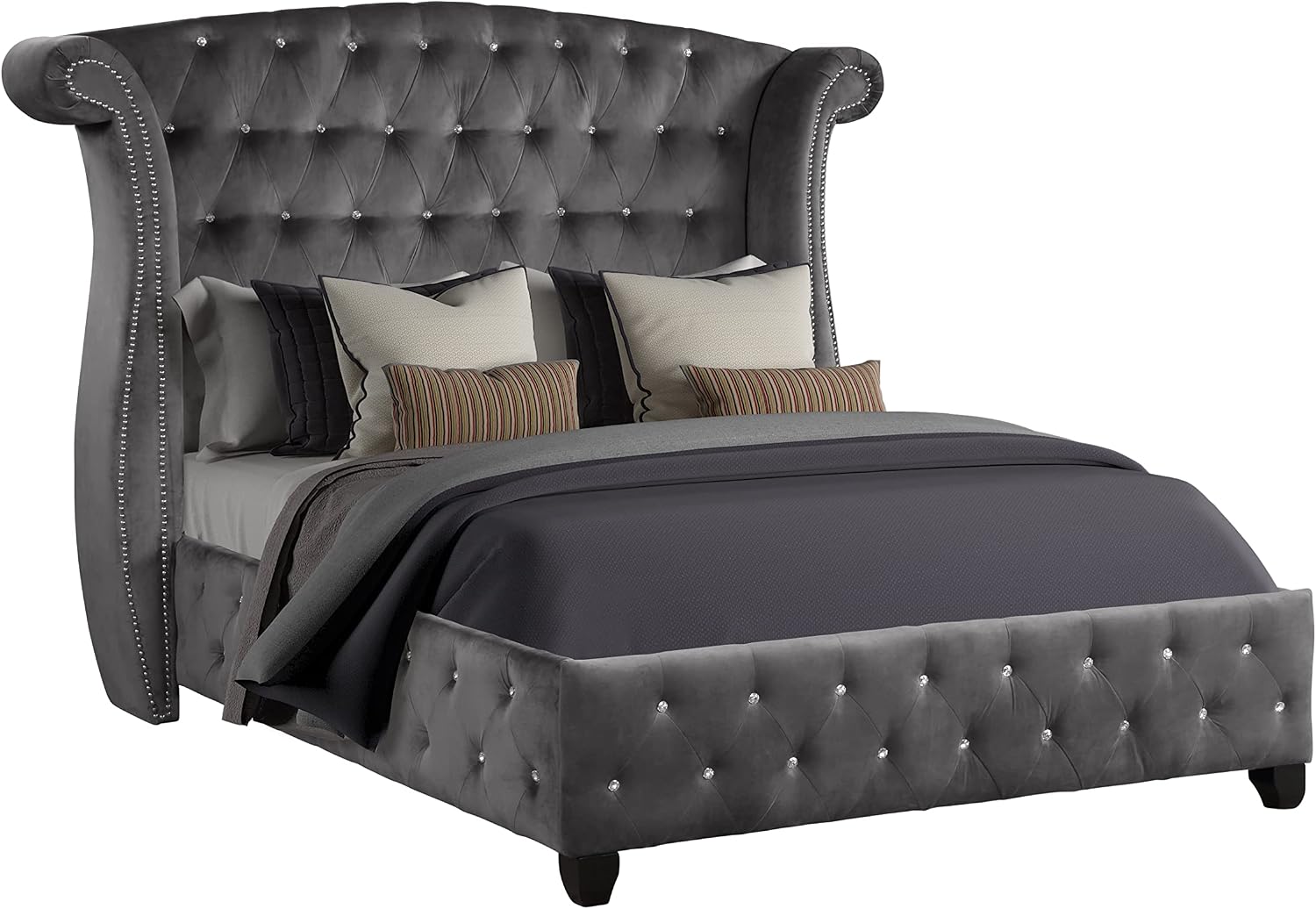 Full 5 Pc Upholstery Bedroom Set Made with Wood in Gray OM403