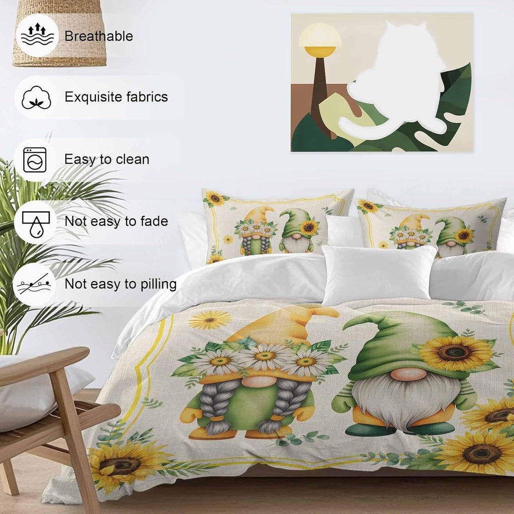 Summer Dwarfs Duvet Cover Set Queen Size 4 Pieces Yellow Sunflower Daisy Field Plant Vintage Bedding Set with Zipper Closure, 1 Comforter Cover 92x106 Inches 1 Flat Sheet & 2 Pillow Cases