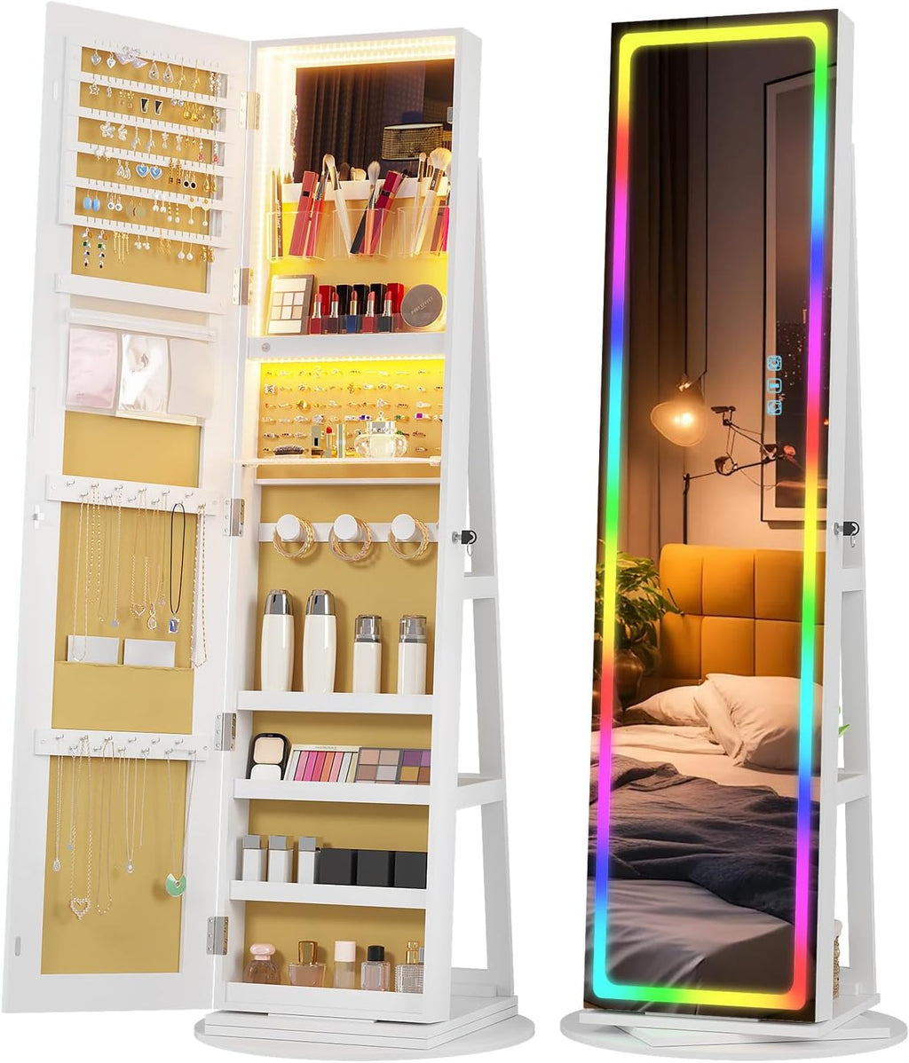 Vlskra LED Mirror Jewelry Cabinet Standing, Rotating Full Length Mirror with Storage, Lockable Jewelry Armoire with Mirror, Space-Saving Jewelry Armoire Organizer, Foldable Makeup Shelf, White