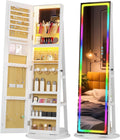 Vlskra LED Mirror Jewelry Cabinet Standing, Rotating Full Length Mirror with Storage, Lockable Jewelry Armoire with Mirror, Space-Saving Jewelry Armoire Organizer, Foldable Makeup Shelf, White