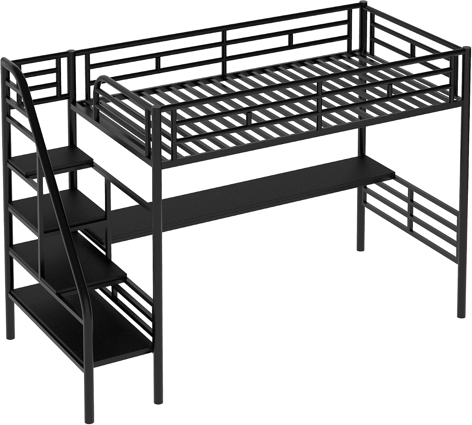 Twin Size Metal Loft Bed Frame with Desk,Bed Designed W/Full-Length Metal Desk Surface,No Box Spring Needed,for Bedroom,Black
