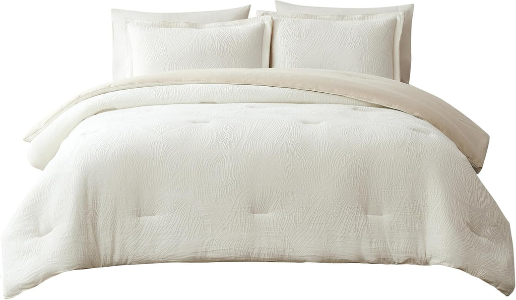 Lush Decor x Chuks Collins Capstone Whisper Cotton Comforter 3 Piece Set Queen Cream - Queen Comforter Set - Luxury Bedding Set - Textured White Comforter