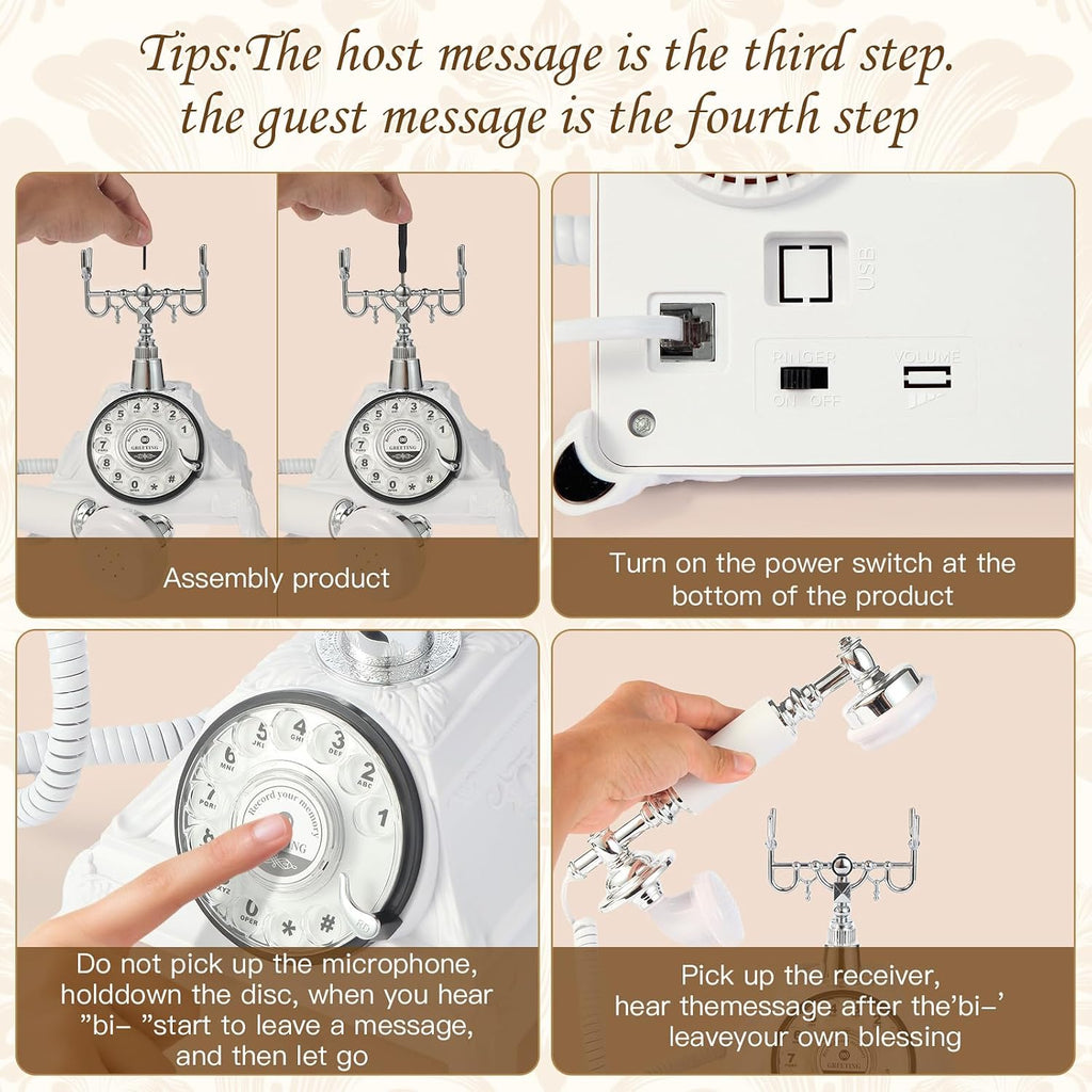 Audio Guest Book Wedding Phone, Audio Guest Book Record Customized Audio Messages Guest Book Alternatives Classic Rotary Phone for Parties Birthdays Rentals Confessions Special Occasions (White)