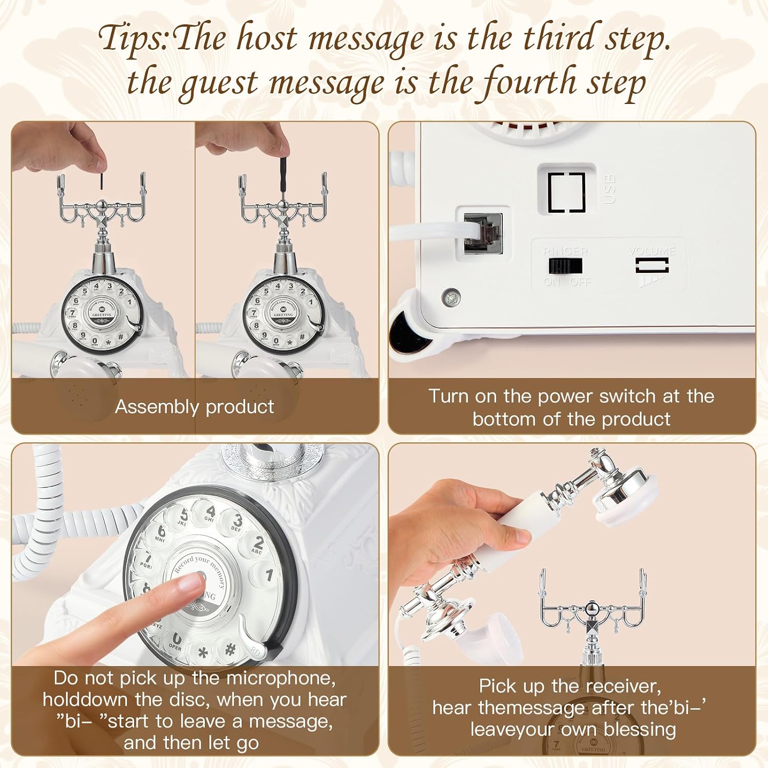 Audio Guest Book Wedding Phone, Audio Guest Book Record Customized Audio Messages Guest Book Alternatives Classic Rotary Phone for Parties Birthdays Rentals Confessions Special Occasions (White)