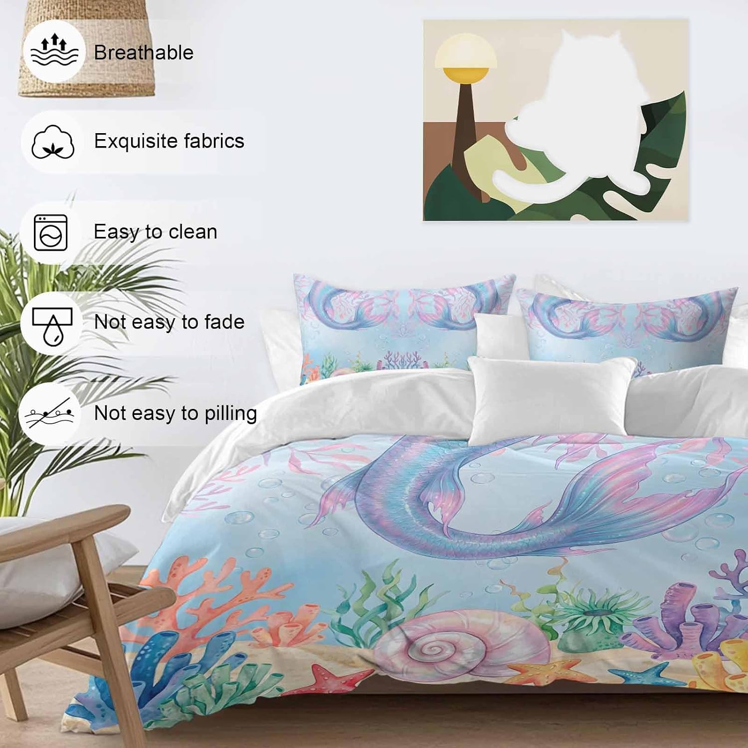 Ocean Marine Life Duvet Cover Set Queen Size 4 Pieces Watercolor Fish Tails Starfish Sea Nut Seagrass Bedding Set with Zipper Closure, 1 Comforter Cover 92x106 Inches 1 Flat Sheet & 2 Pillow Cases