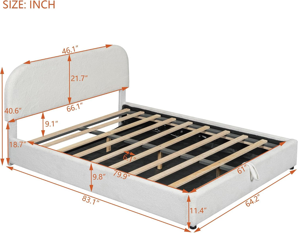 Upholstered Platform Bed with Hydraulic Storage System and Curved Shaped Headboard, Queen Size Wood Bed Frame for Kids Adults Bedroom Furniture, Teddy Fleece Thick Upholstered Bed Grounded Bed