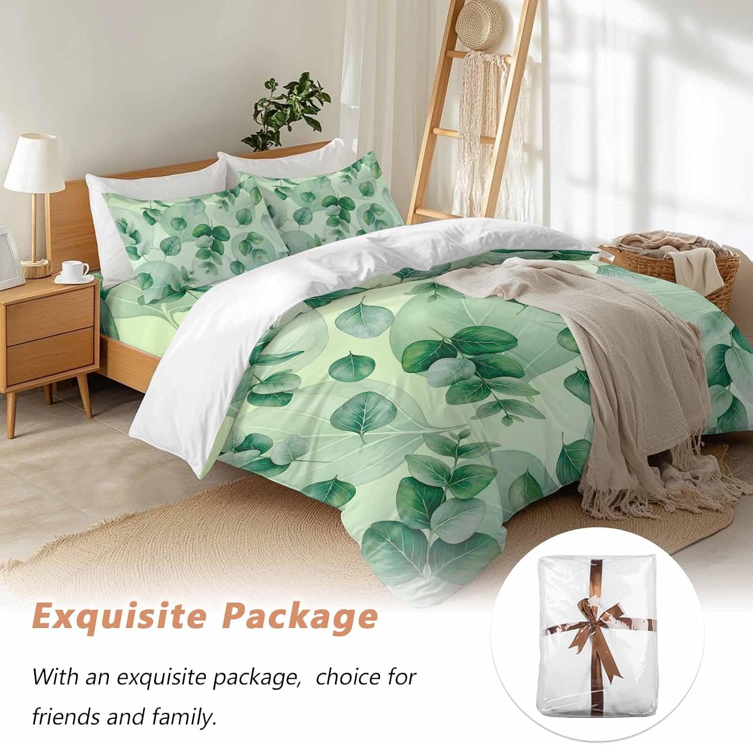 Green Leaf Duvet Cover Set Queen Size 4 Pieces Summer Green Eucalyptus Leaves Plants Farmhouse Bedding Set with Zipper Closure, 1 Comforter Cover 92x106 Inches 1 Flat Sheet & 2 Pillow Cases