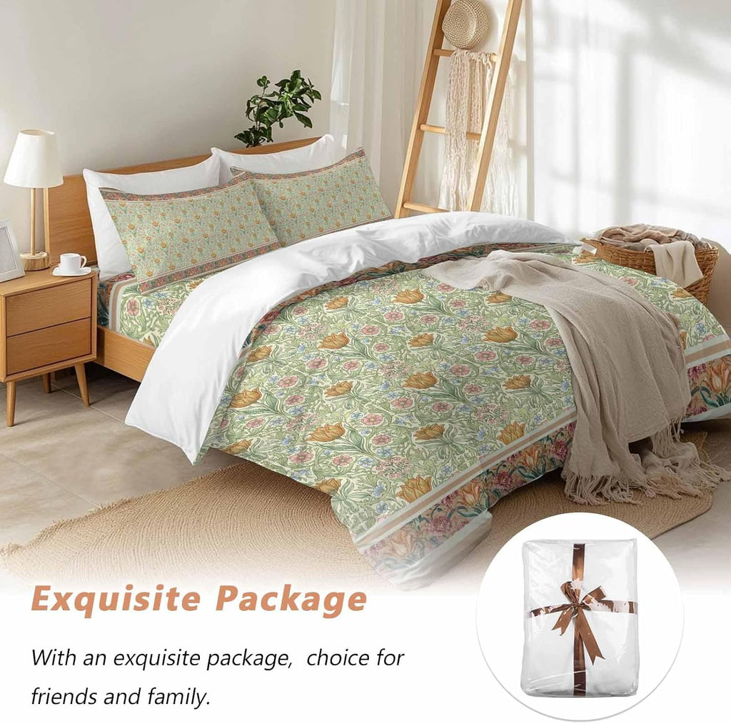 Prime Leader Flowers Duvet Cover Set Queen Size 4 Pieces Ethnic Abstract Yellow Pink Floral Green Leaf Bedding Set with Zipper Closure, 1 Comforter Cover 86x86 Inches 1 Flat Sheet & 2 Pillow Cases
