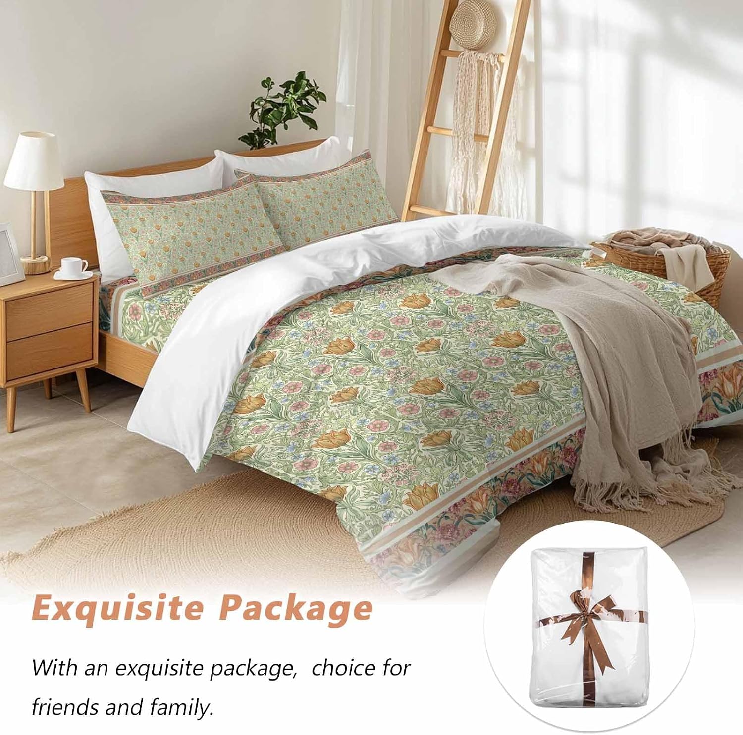 Prime Leader Flowers Duvet Cover Set Queen Size 4 Pieces Ethnic Abstract Yellow Pink Floral Green Leaf Bedding Set with Zipper Closure, 1 Comforter Cover 86x86 Inches 1 Flat Sheet & 2 Pillow Cases