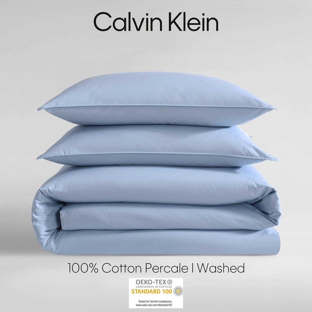 Calvin Klein - King Duvet Cover Set, Relaxed Garment Washed Cotton Percale Bedding with Shams, Button & Corner Tie Closure, Oeko-Tex Certified (Modern Cotton Washed Percale Blue)
